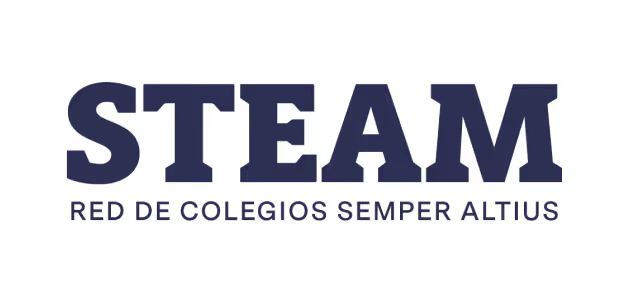 Logo STEAM "Red de Colegios Semper Altius" con tipografía bold en azul marino sobre fondo blanco